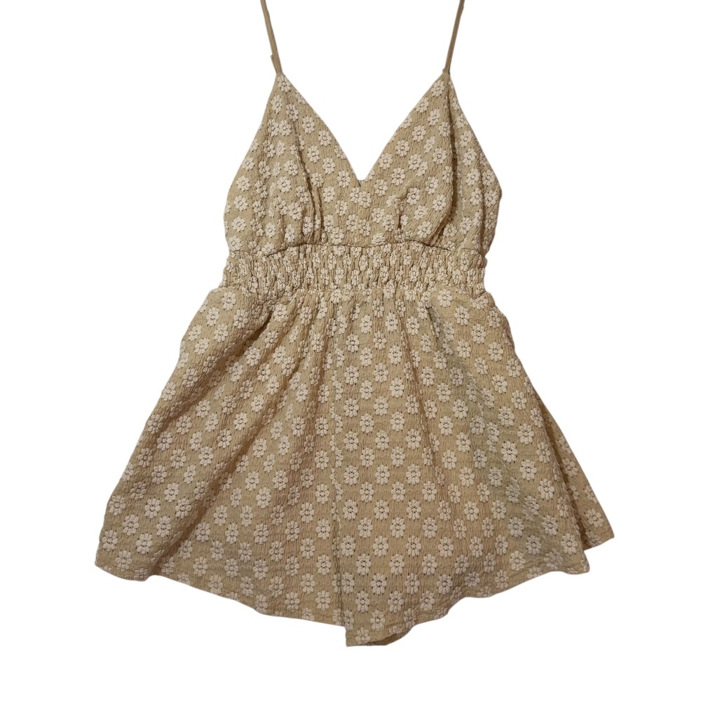 New In | Beige Floral Daisy Smocked Waist Romper V-Neck Pockets, Size Small